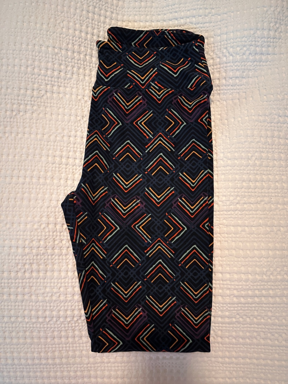 LuLaRoe Black Leggings with Blue, Orange, Teal, Purple Geometric Print